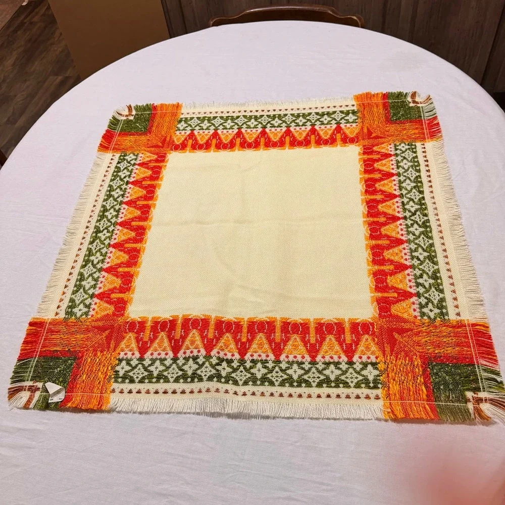 Vintage MCM Retro Woven Table Topper Wall Hanging Geometric Orange Green 30x30
